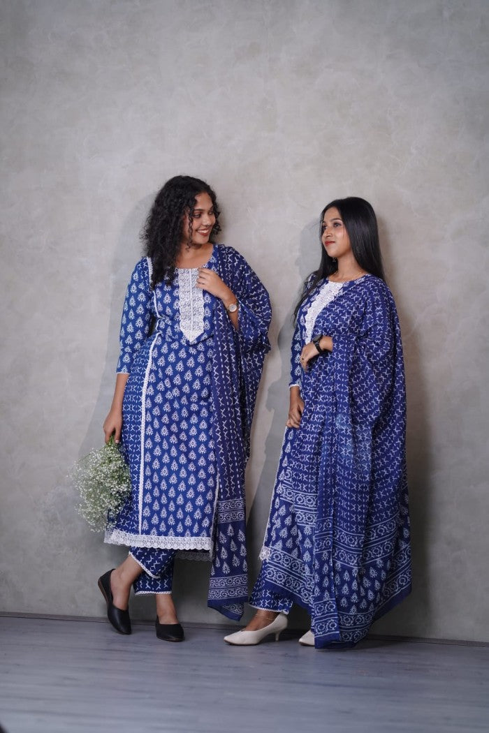 Handblock print Indigo three piece set